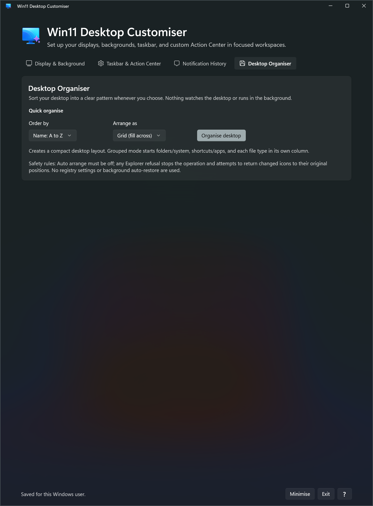 Win11 Desktop Customiser Desktop Organiser workspace showing sorting and layout controls.