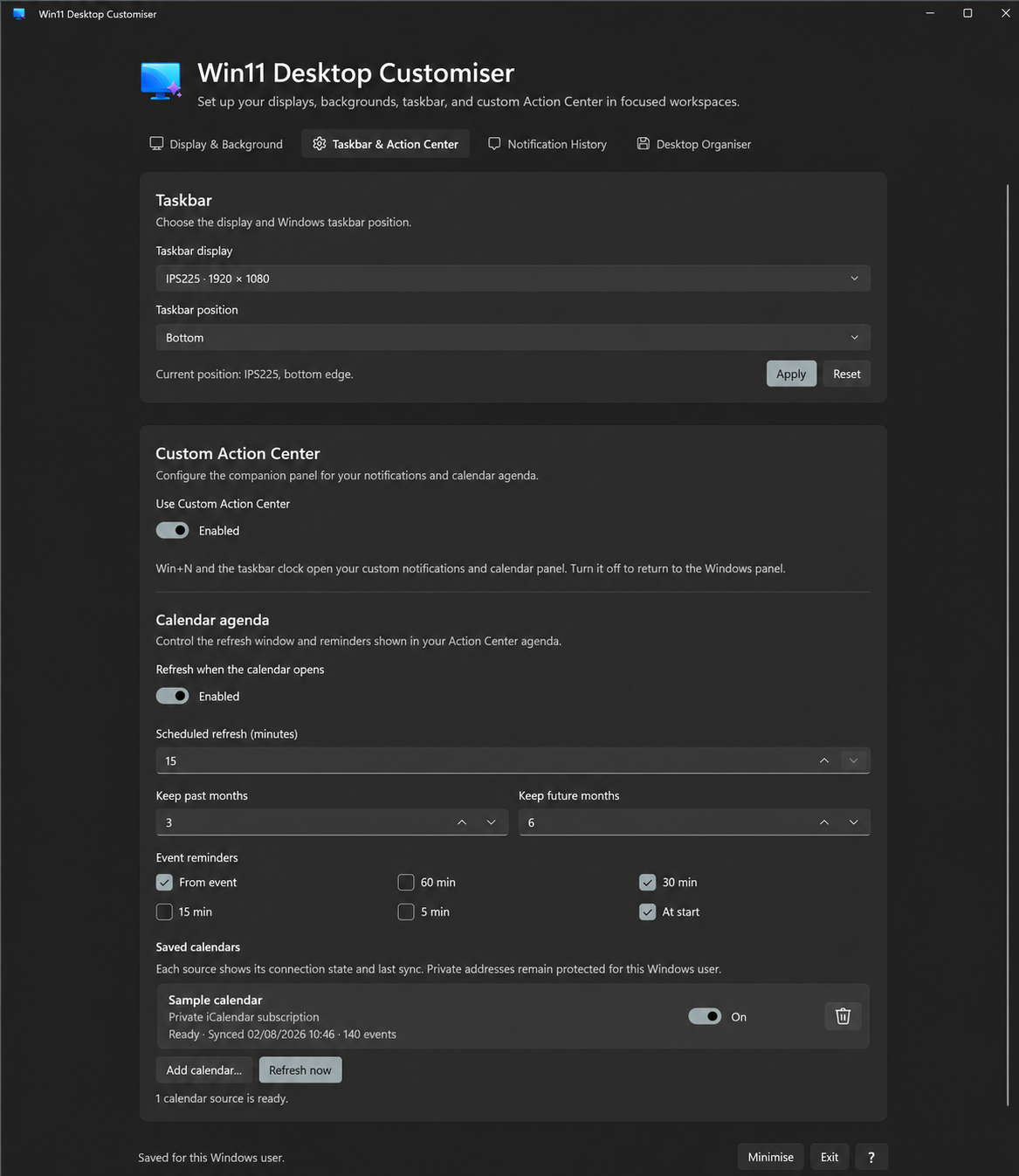 Win11 Desktop Customiser Taskbar and Action Center workspace showing taskbar placement and calendar agenda settings.